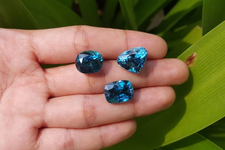 Tray of blue gemstones